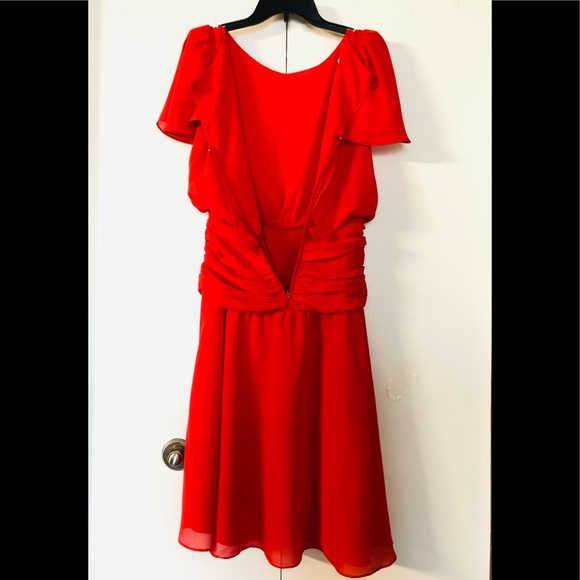 Vintage Red Flared Dress Sz M Chiffon Gathered Design Chic - Picture 9 of 14